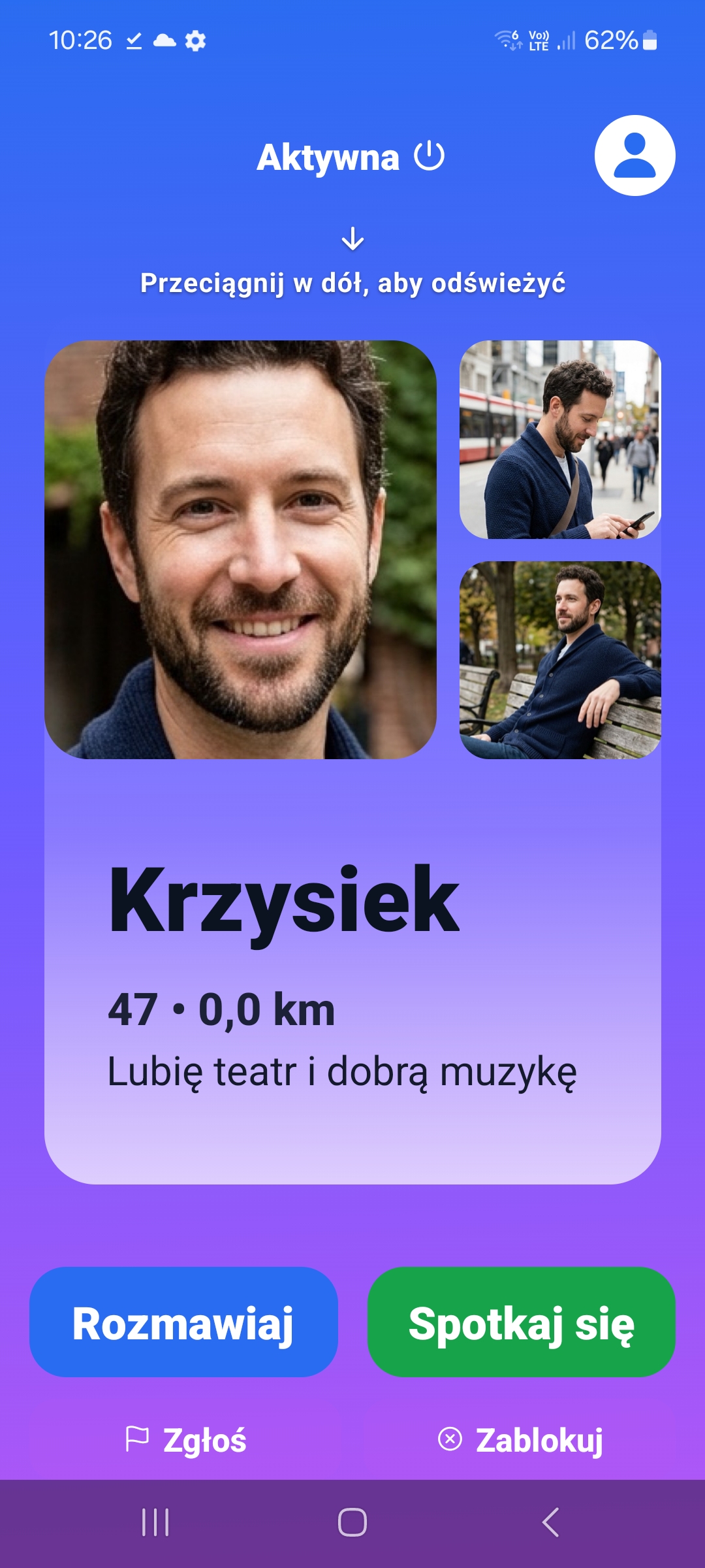 Ekran aplikacji Tu i Teraz — profil użytkownika